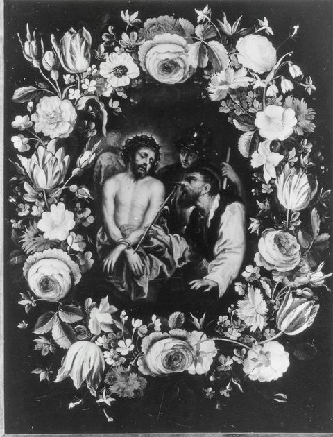 Anonimo — Autore non indicato - sec. XVII - Ghirlanda di fiori con Ecce Homo — insieme